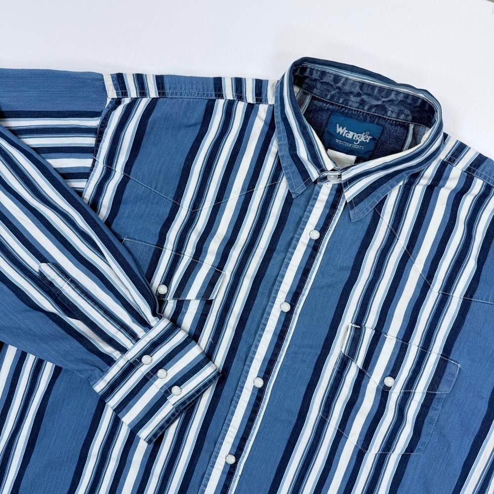 Vintage Wrangler Brushpopper Pearl Snap Western Shirt Mens XL Striped Rodeo Blue